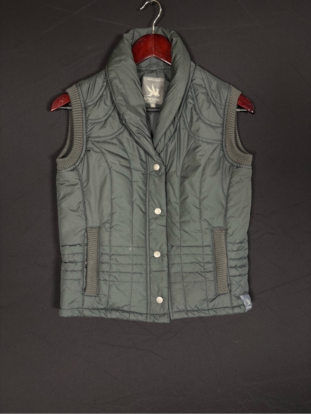 Spiewak Quilted Puffer Vest Olive Gray Snap Front Ribbed Collar Size Small
